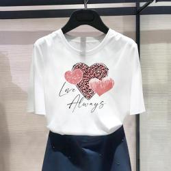 (Ázsiai méret) Fashion Print Graphic póló Leopard Love Heart Trend Aranyos nõi alkalmi T-ruházat Alkalmi nõi nyári felsõ rövid ujjú póló