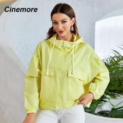 Cinemore Women's Trench Coat Autumn Casual Fashion Bright Color Hooded Windbreaker Coat Women Loose Short Coats jackets for Girl
