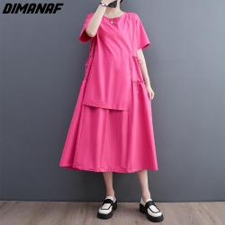 DIMANAF Plus size ruha nõi 2023 Új nyári stílusú ingruhák O-nyakú piros tömör laza ruhák Új rózsaszín