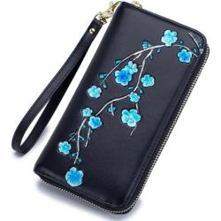 Fekete bõr pénztárca kék virágos ág mintával (0855.)