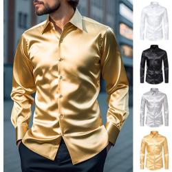 Férfi selyemszerű szatén ing, hosszú ujjú, alkalmi, karcsú szabású ing Stílusos egyszínű hajtóka legombolható üzleti formális ingek