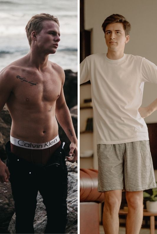 Két fiatal férfi két különböző típusú alsónadrágban áll